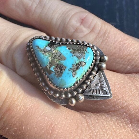 Sleeping Beauty Turquoise Ring w/ Pyrite in 925 Sterling Silver Handmade 7 1/4 - Picture 8 of 14